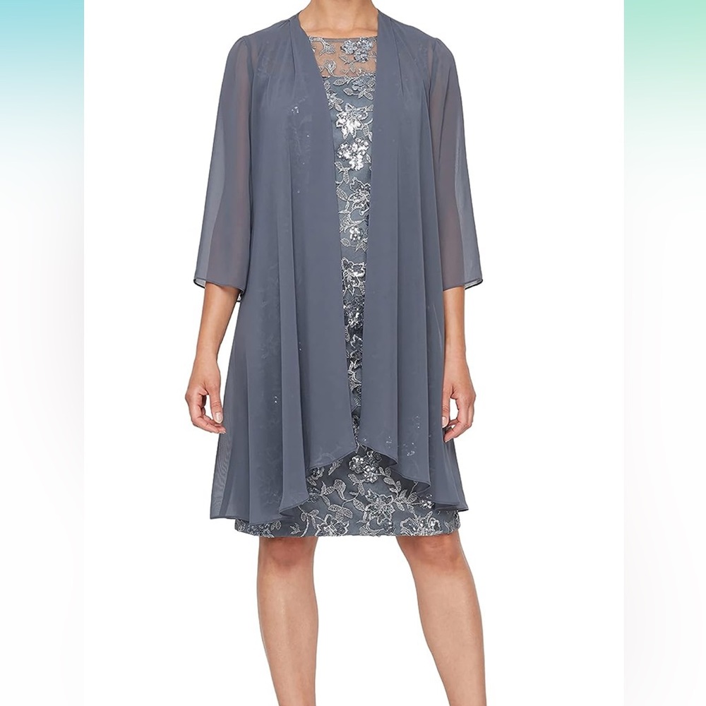 Alex Evening Embroidery Dress with illusion sheer jacket size 4.  Color Stone